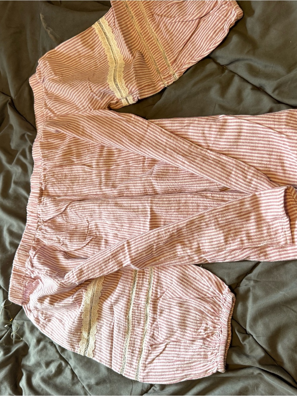 entro Pink and White Striped Peasant Blouse with Lace Trim